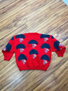 Childrens 6-7 | 1980's Vintage Red Wool Knit Novelty Trees and Bears Hand Knit Sweater - Fashionconstellate.com