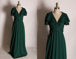 1970s Forest Green Flutter Short Sleeve Full Length Tie Back Ankle Length Formal Dress