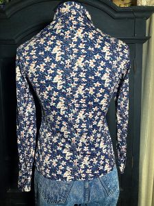 M/ 70’s Dark Blue Floral Disco Shirt, Vintage Flower Print Button Up Top by Dibs of Portland - Fashionconstellate.com