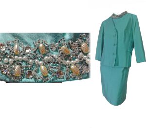 Mod Vintage 60s Sheath Dress and Jacket Beaded Cocktail Suit | L/XL