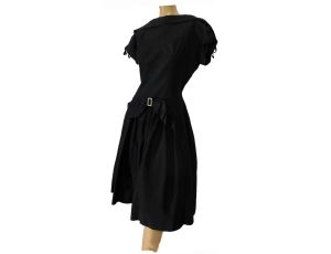 Vintage 50s Party Dress Black Cocktail Dress Rhinestone and Bow Trim - Fashionconstellate.com