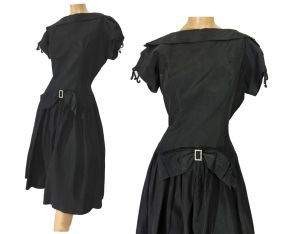 Vintage 50s Party Dress Black Cocktail Dress Rhinestone and Bow Trim