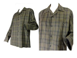 Vintage 60s Sir Pendleton Green Gold Plaid Wool Shirt Loop Collar Rockabilly Style