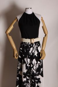 1970s Black and White Floral Open Back Halter Top Wide Palazzo Leg Jumpsuit by Momentum - S - Fashionconstellate.com