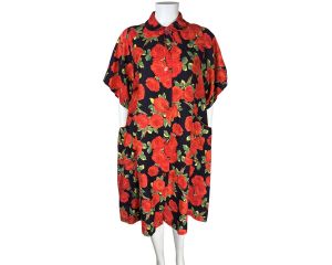 Vintage 1950s House Robe Red Roses Ladies Size L