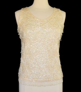 60s Hand Beaded Cocktail Sweater Hand Sequined Cocktail Sweater Off White Sweater Cream Fringed Top - Fashionconstellate.com