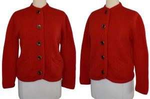 50s Red Cardigan Sweater, Designer Rosanna Knitted Sportswear, Shetland Wool Rockabilly Cardigan
