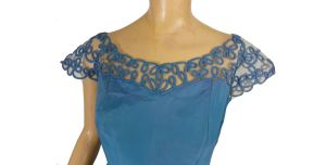 Vintage 1940s-50s Formal Blue Taffeta Ball Gown Art Deco Trim Full Skirt Party Dress - Fashionconstellate.com