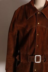 1970s Brown Leather Suede Long Sleeve Metal Snap Belted Mens Jacket by Zig Zag - L - Fashionconstellate.com