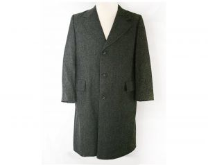 Men's Small Handsome Gray Herringbone Wool Over Coat - Mens 60s Winter Overcoat - Classic 1960s 