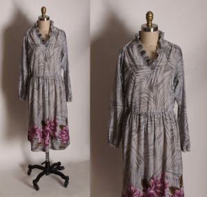 1970s Semi Sheer Gray and Purple Floral Border Print Ruffle Collar Dress - L