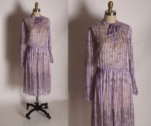 1970s Purple Sheer Striped Floral Print Long Sleeve Pussybow Collar Belted Dress by Sears - M/L