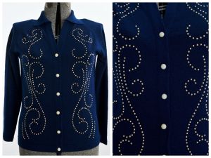 Vintage Late 60s Early 70s Navy Blue Knit Cardigan by Talbott Travler | Size M/L