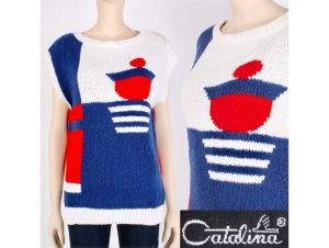 Vintage 1970s Size M Abstract Nautical Boat Sleeveless Knit Top Shirt by Catalina