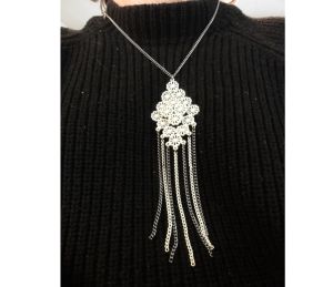 Vintage 70s Necklace Boho Hippie Fringed White Enamel Daisies and Chain Tassels - Fashionconstellate.com