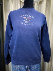 M/ 90’s Lee Navy Blue Bar Harbor Maine Sweatshirt, Nautical Pullover Sweater with Anchor and Flags