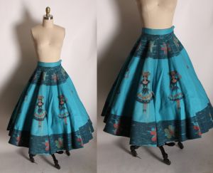 1970s Does 1950s Turquoise Blue Felt Mexican Skirt Peekaboo Dancing Women Novelty Skirt