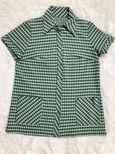 L-XL/ 70’s Green Gingham Tunic Top with Pockets and Dagger Collar, Distressed Vintage Polyester
