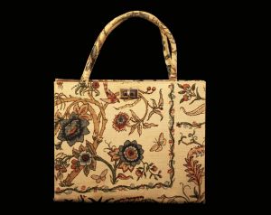 1960s Tapestry Floral Purse - Margaret Smith 60s Handbag - Roomy Medium Tote with Open Top - Vintage