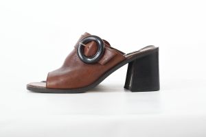 1990s Heels |Vintage 1990s Funky Brown Chunky Slide Heeled Leather Sandals by Euro Club |Size 8B