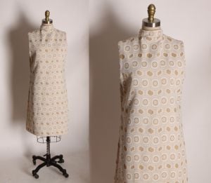 1960s Beige Tan Double Knit Polyester Sleeveless Geometric Print Shift Dress - L/XL