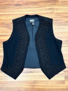 Medium - Size 6 | 1990's Vintage Black Wool Waistcoat with Soutache Braid by DKNY