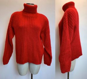 80s 90s Oversized Red Chunky Knit Ribbed Mohair Turtleneck Sweater | Vintage L fits M - XL - Fashionconstellate.com