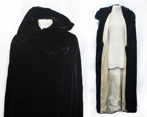 1930s Black Velvet Cape with Hood - Small Medium Authentic 30s Winter Evening Wrap - Golden Age
