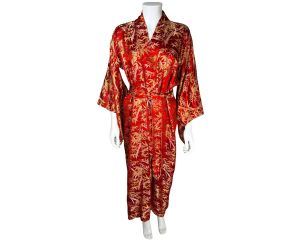 Vintage Red Silk Kimono Dressing Gown Gold Bamboo Size M L
