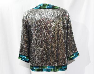 Shooting Stars Sequin Jacket - Silver Metallic 1980s 90s Evening - Open Front - Black Turquoise Blue - Fashionconstellate.com