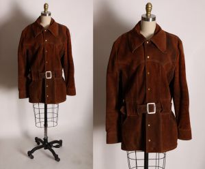1970s Brown Leather Suede Long Sleeve Metal Snap Belted Mens Jacket by Zig Zag - L