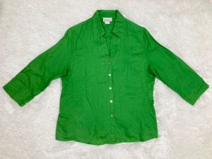 L/ 90’s Lime Green Linen Shirt with 3/4 sleeves, Vintage Button Up Blouse with Shell Button