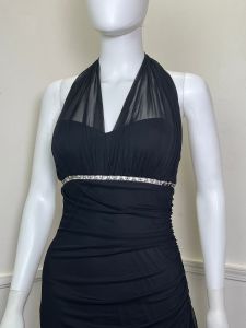 Medium- Size 6 | Y2K Vintage Black Mesh and Rhinestone Halter Dress by Cache | Prom Dress - Fashionconstellate.com