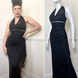 Medium- Size 6 | Y2K Vintage Black Mesh and Rhinestone Halter Dress by Cache | Prom Dress