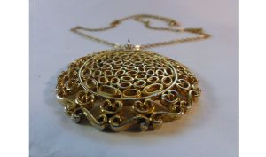 Vintage 70s Pendant Necklace Large 2'' Scrolling Open Work Circle Gold Tone - Fashionconstellate.com