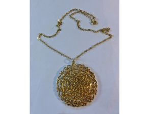 Vintage 70s Pendant Necklace Large 2'' Scrolling Open Work Circle Gold Tone