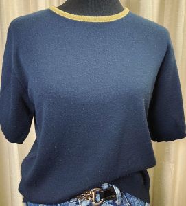 M/ Women’s 90’s Blue T-Shirt with Gold Crew Neck, Short Sleeve Acrylic Shirt by McNaughton Wear