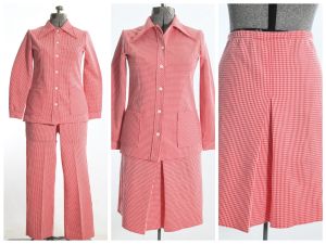 Vintage 1970s 3 Piece Skirt Pants Suit |Red White Dagger Collar Houndstooth Suit by JCPenney | L/XL
