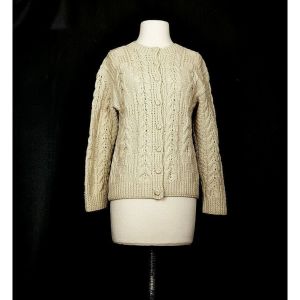 60s Cardigan Sweater Beige Cable Knit Wool Hand Knit by Kennedy of Ardara | Vintage Misses S/M