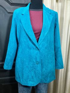 M-L/ 90’s Turquoise Blazer with Suede Feel, Lightweight Long Blazer, Vintage Spring Jacket by Maggie