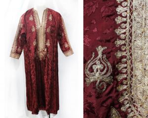 XL Middle Eastern Robe - Men's Maroon Red Silky Brocade Kaftan with Metallic Gold Embroidery