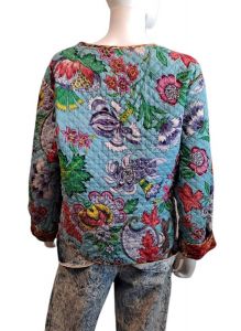 1980s Quilted Reversible Floral Collarless Jacket Blue Floral Sienna Floral Large - Fashionconstellate.com