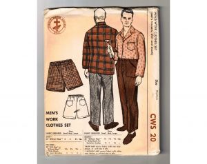 1950s 60s Men's Work Wear Sewing Pattern - Mens Shirt Pants Shorts - Long Sleeve with Pockets