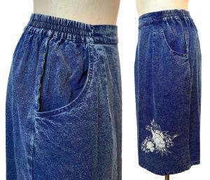 80s Acid Wash Denim Skirt with Pearl Appliqué | High Waist Pencil Skirt | Fits S to M W 27.5 - 29'' - Fashionconstellate.com