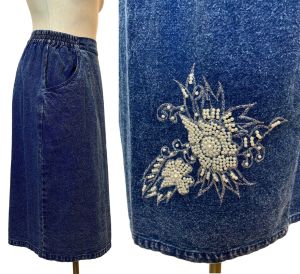 80s Acid Wash Denim Skirt with Pearl Appliqué | High Waist Pencil Skirt | Fits S to M W 27.5 - 29''