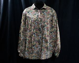 XL Peasant Top - Chic 1970s Floral Print Poet Shirt - Billow Sleeves Size 16 Summer Boho Beige Mauve - Fashionconstellate.com