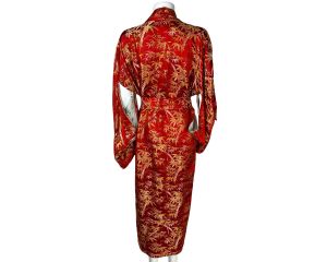 Vintage Red Silk Kimono Dressing Gown Gold Bamboo Size M L - Fashionconstellate.com