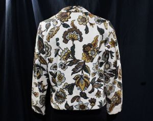 1960s Floral Suit Jacket Medium Size 10 Antique Inspired Flemish Flowers Cotton - Beige Khaki Brown - Fashionconstellate.com