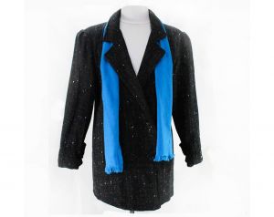 Black Tweed Jacket - Size 10 Medium Teal Fleck 80s Pinstripe Coat & Scarf - 1980s 90s w Retro 40s 