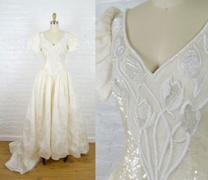 1990s Carolina Herrera wedding dress . vintage short sleeved beaded silk ballgown with train